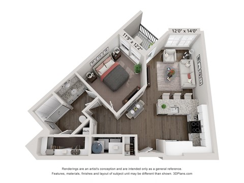 Floor plan for 1 bed, 1 bath, 667 sqft